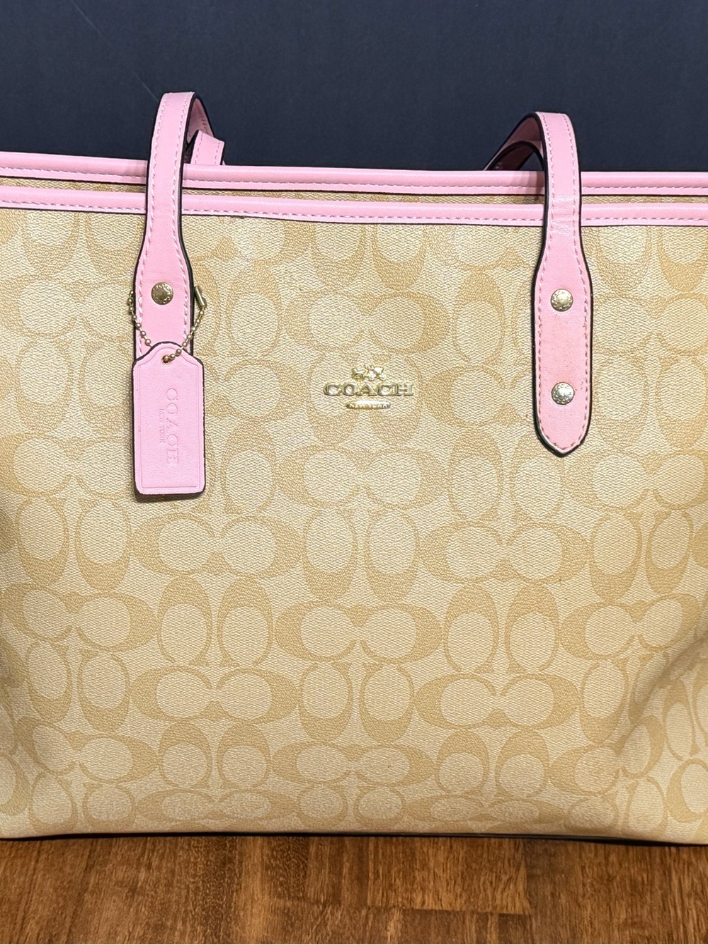Coach Beige Signature Canvas Tote with Pink Trim